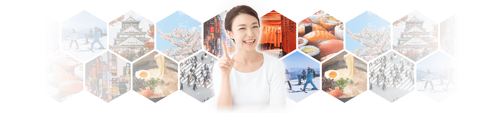 背景中有日本的觀光景點、食文化與城市風景，並微笑著指向的女性